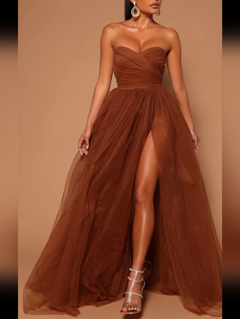 Chocolate Brown Tulle High Slit Ball Gown Strapless